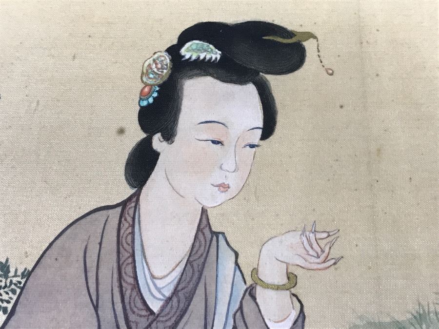 Old Chinese Silk Painting In Nice Silver Bamboo Motif Frame [Photo 8]