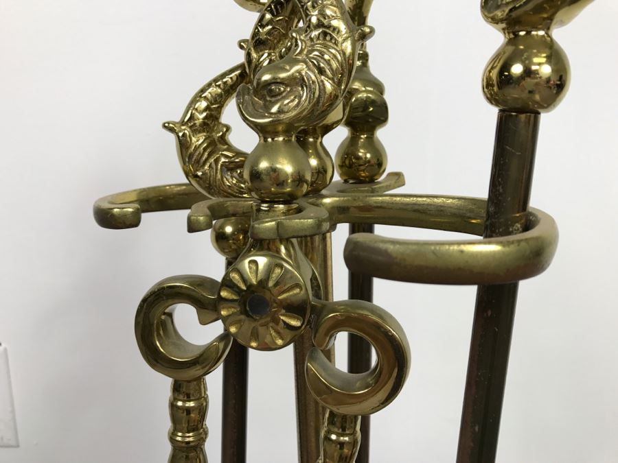 Heavy Brass Fireplace Tools Set With Fish Handles [Photo 5]