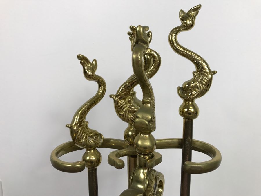 Heavy Brass Fireplace Tools Set With Fish Handles [Photo 2]