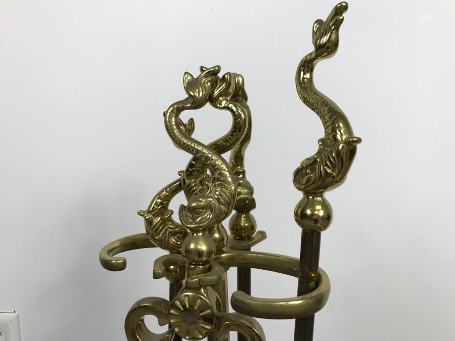 Heavy Brass Fireplace Tools Set With Fish Handles [Photo 3]