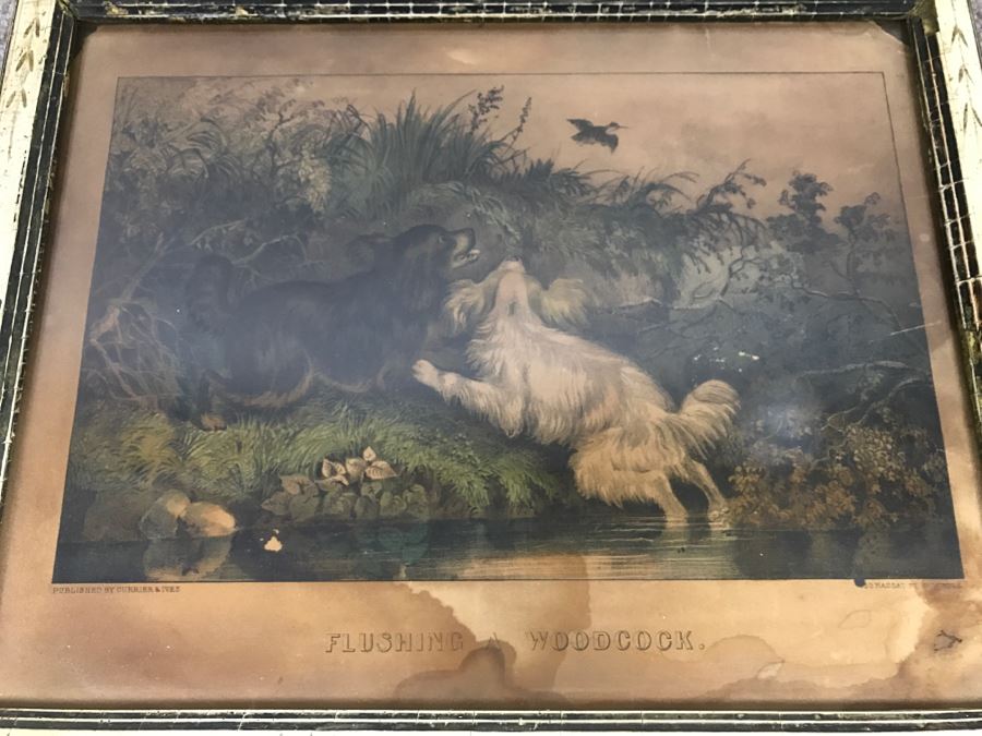 Antique Currier & Ives Lithograph 'Flushing A Woodcock' Hand Colored In Antique Frame [Photo 3]