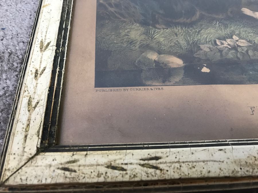 Antique Currier & Ives Lithograph 'Flushing A Woodcock' Hand Colored In Antique Frame [Photo 13]