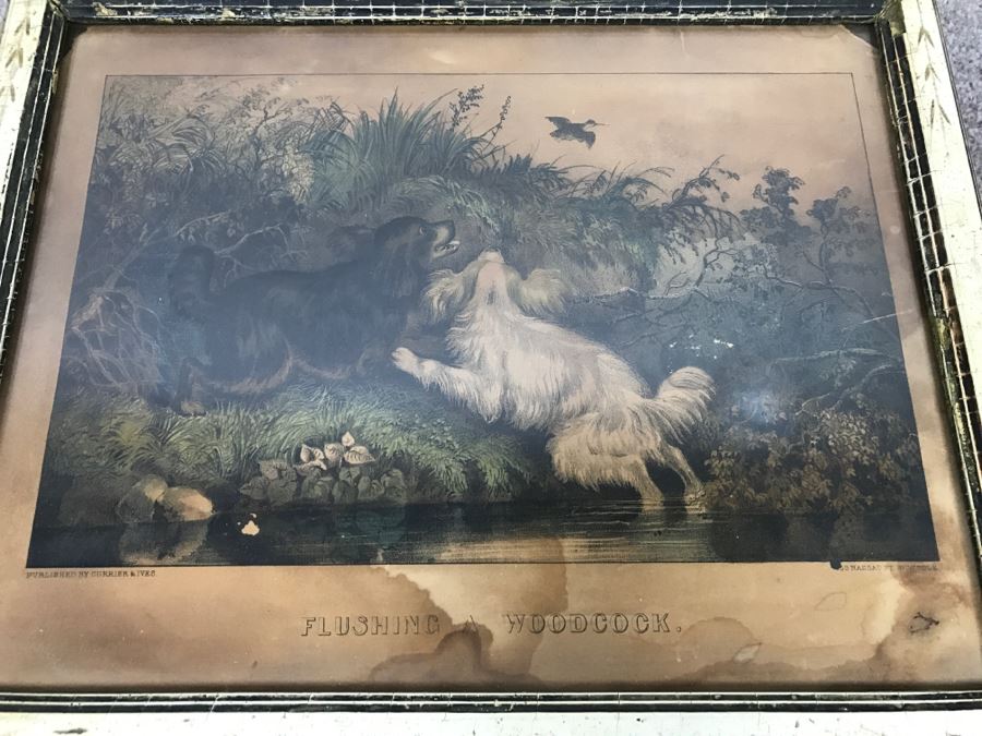 Antique Currier & Ives Lithograph 'Flushing A Woodcock' Hand Colored In Antique Frame [Photo 2]