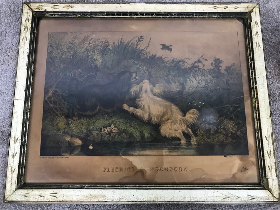 Antique Currier & Ives Lithograph 'Flushing A Woodcock' Hand Colored In Antique Frame