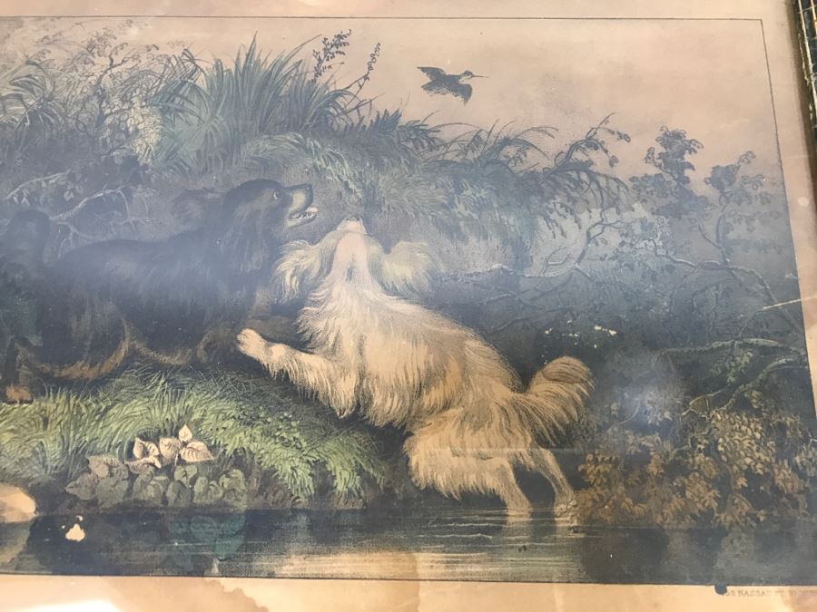 Antique Currier & Ives Lithograph 'Flushing A Woodcock' Hand Colored In Antique Frame [Photo 5]