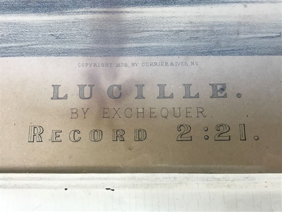 Antique Currier & Ives Lithograph 'Lucille By Exchequer Record 2:21' Hand Colored In Antique Frame Copyright 1878 Harness Racing [Photo 6]