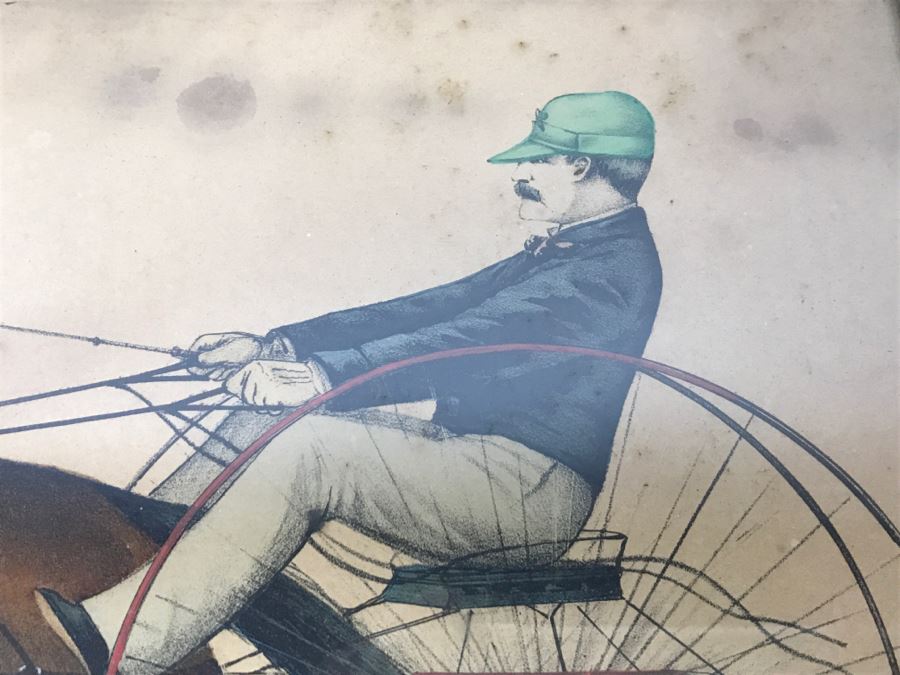 Antique Currier & Ives Lithograph 'Lucille By Exchequer Record 2:21' Hand Colored In Antique Frame Copyright 1878 Harness Racing [Photo 5]
