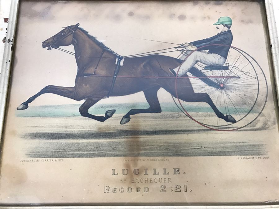 Antique Currier & Ives Lithograph 'Lucille By Exchequer Record 2:21' Hand Colored In Antique Frame Copyright 1878 Harness Racing
