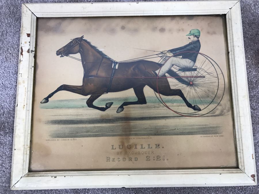 Antique Currier & Ives Lithograph 'Lucille By Exchequer Record 2:21' Hand Colored In Antique Frame Copyright 1878 Harness Racing [Photo 2]