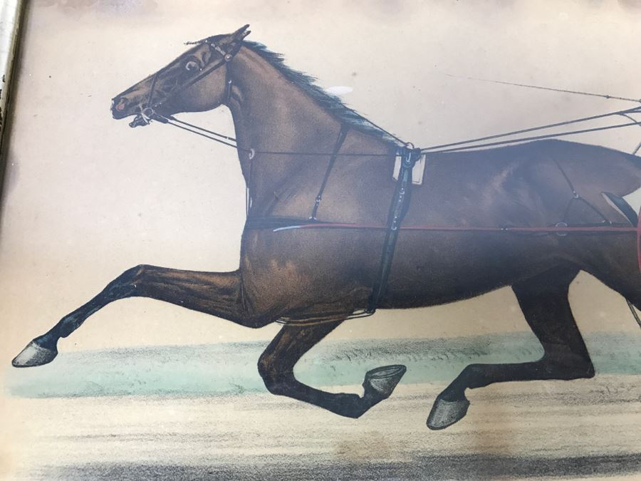 Antique Currier & Ives Lithograph 'Lucille By Exchequer Record 2:21' Hand Colored In Antique Frame Copyright 1878 Harness Racing [Photo 3]