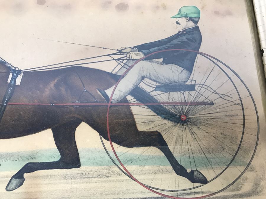 Antique Currier & Ives Lithograph 'Lucille By Exchequer Record 2:21' Hand Colored In Antique Frame Copyright 1878 Harness Racing [Photo 4]