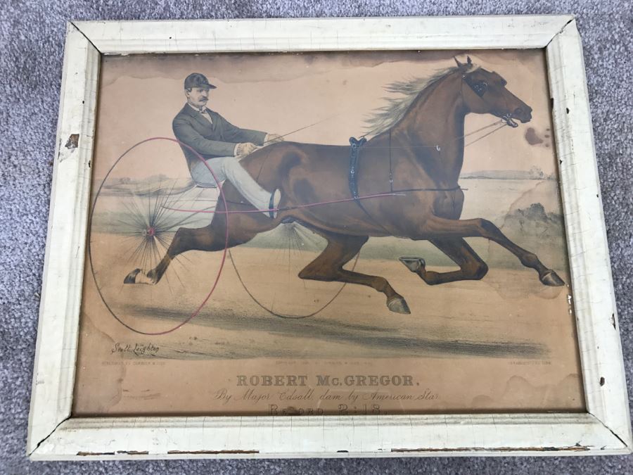 Antique Currier & Ives Lithograph 'Robert McGregor By Major Edsall, dam by American Star Record 2:18' Hand Colored In Antique Frame Copyright 1882 Harness Racing Scott Leighton [Photo 2]