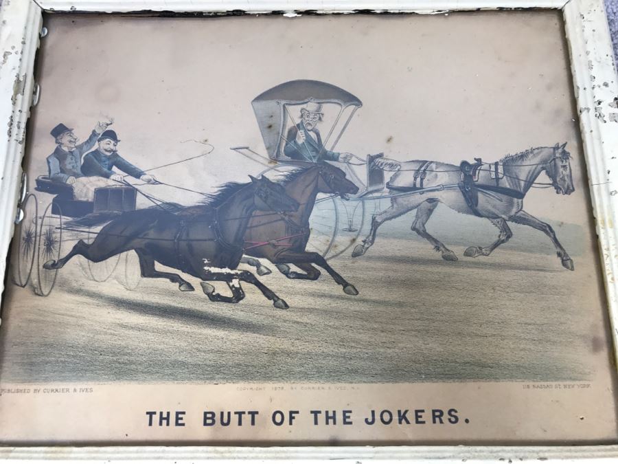 Antique Currier & Ives Lithograph 'The Butt Of The Jokers' Hand Colored In Antique Frame Copyright 1879 Harness Racing [Photo 1]