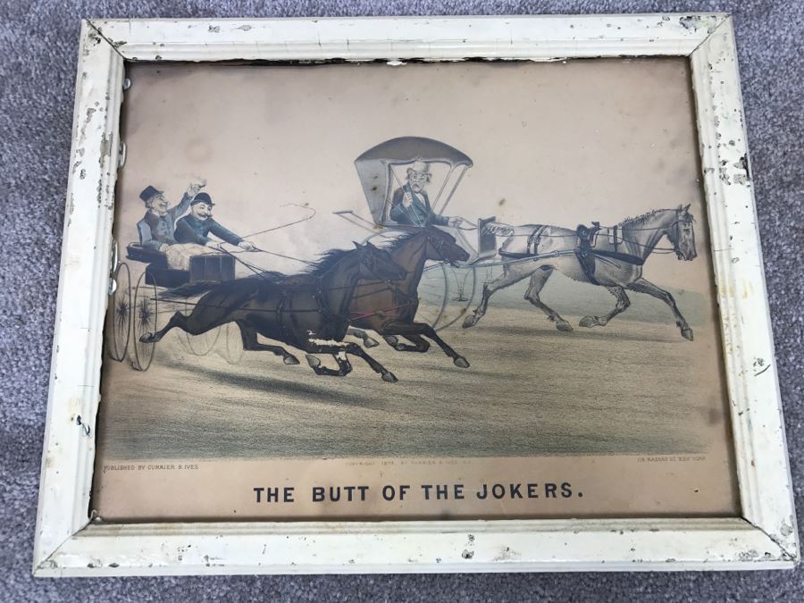 Antique Currier & Ives Lithograph 'The Butt Of The Jokers' Hand Colored In Antique Frame Copyright 1879 Harness Racing [Photo 2]