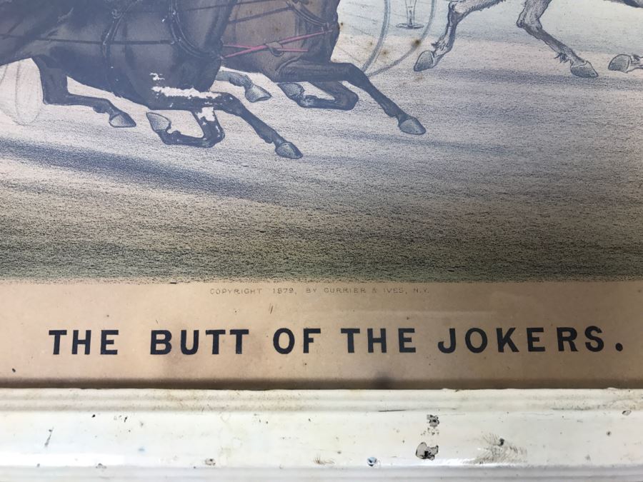 Antique Currier & Ives Lithograph 'The Butt Of The Jokers' Hand Colored In Antique Frame Copyright 1879 Harness Racing [Photo 10]