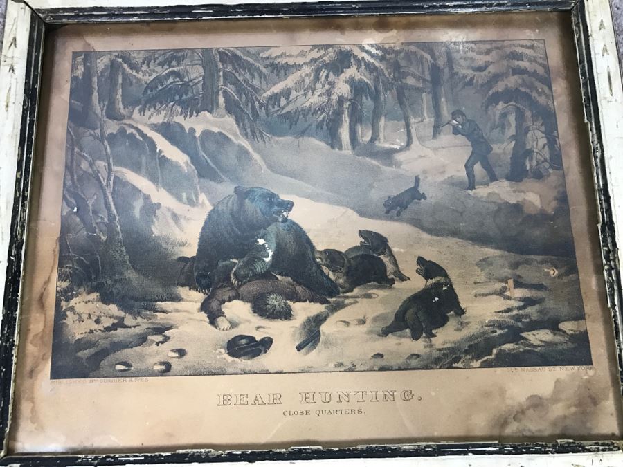 Antique Currier & Ives Lithograph 'Bear Hunting Close Quarters' Hand Colored In Antique Frame [Photo 1]