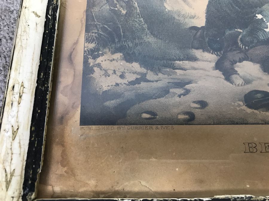Antique Currier & Ives Lithograph 'Bear Hunting Close Quarters' Hand Colored In Antique Frame [Photo 9]