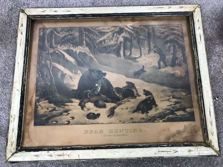 Antique Currier & Ives Lithograph 'Bear Hunting Close Quarters' Hand Colored In Antique Frame [Photo 2]
