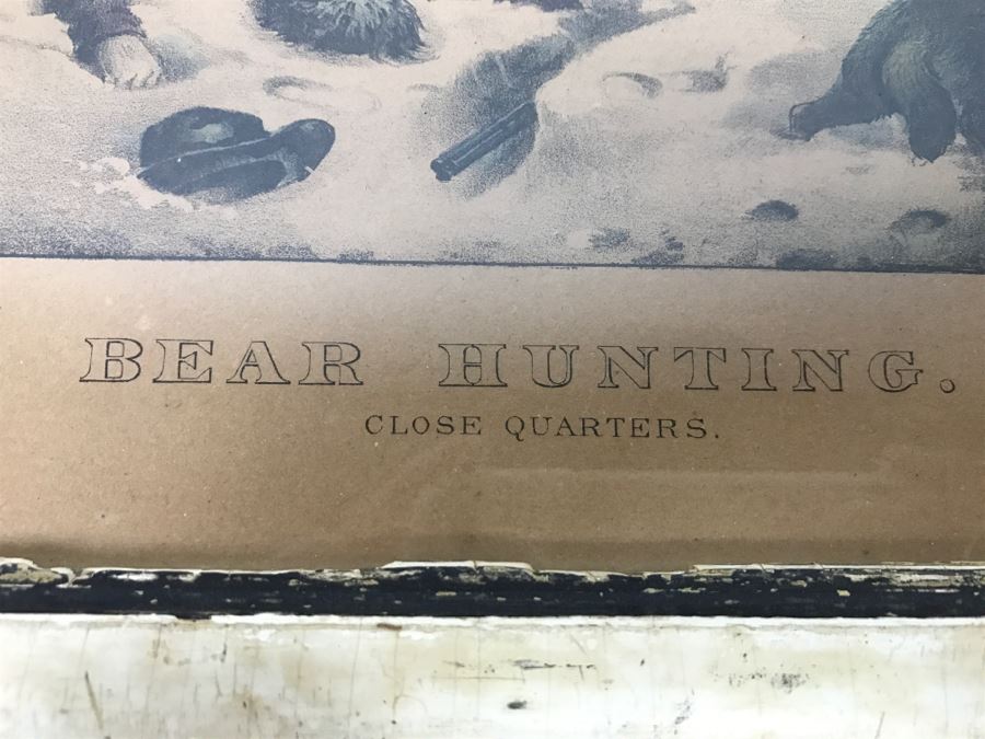 Antique Currier & Ives Lithograph 'Bear Hunting Close Quarters' Hand Colored In Antique Frame [Photo 11]
