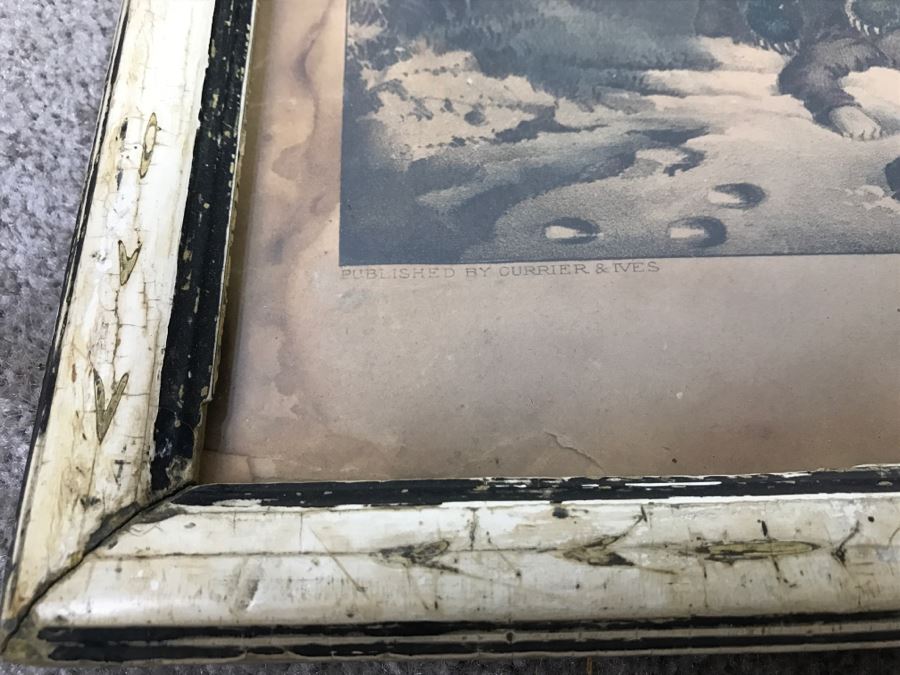 Antique Currier & Ives Lithograph 'Bear Hunting Close Quarters' Hand Colored In Antique Frame [Photo 13]