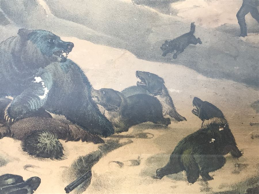 Antique Currier & Ives Lithograph 'Bear Hunting Close Quarters' Hand Colored In Antique Frame [Photo 5]