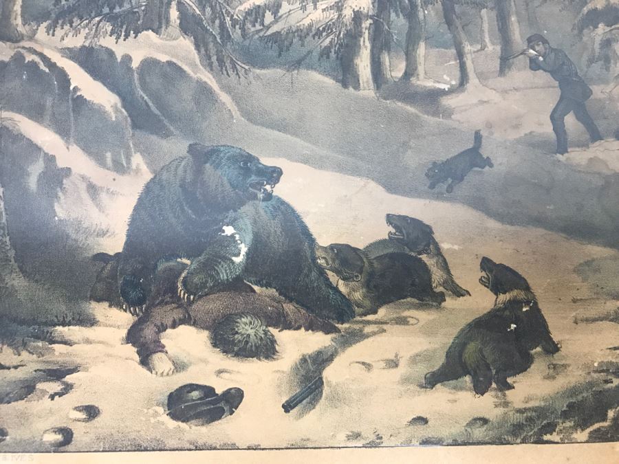 Antique Currier & Ives Lithograph 'Bear Hunting Close Quarters' Hand Colored In Antique Frame [Photo 3]