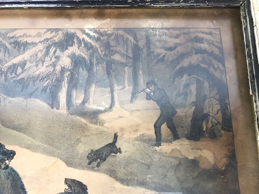 Antique Currier & Ives Lithograph 'Bear Hunting Close Quarters' Hand Colored In Antique Frame [Photo 8]