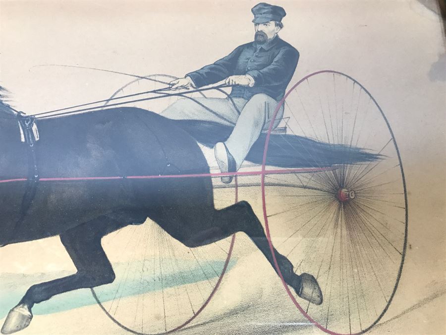 Antique Currier & Ives Lithograph 'Col. H. S. Russell's Smuggler, by Blanco, dam by Herod's Tuckahoe.' Hand Colored In Antique Frame Copyright 1876 Harness Racing J. Cameron [Photo 4]