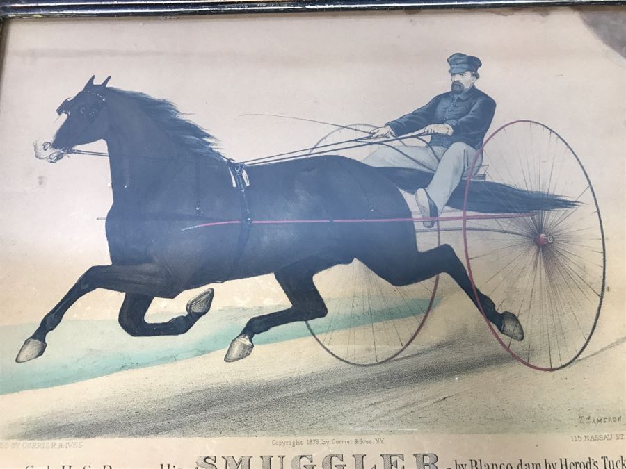 Antique Currier & Ives Lithograph 'Col. H. S. Russell's Smuggler, by Blanco, dam by Herod's Tuckahoe.' Hand Colored In Antique Frame Copyright 1876 Harness Racing J. Cameron [Photo 3]