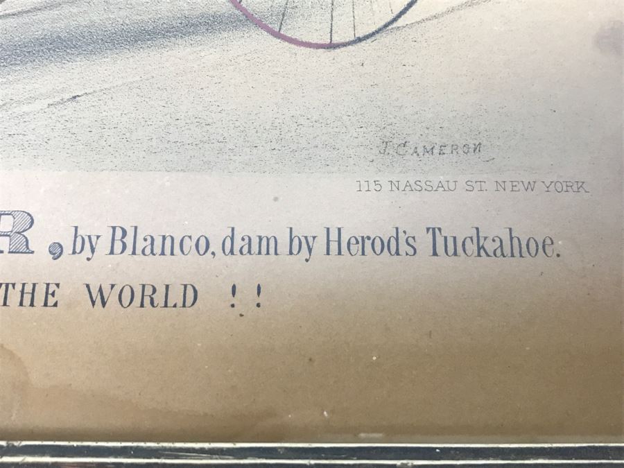 Antique Currier & Ives Lithograph 'Col. H. S. Russell's Smuggler, by Blanco, dam by Herod's Tuckahoe.' Hand Colored In Antique Frame Copyright 1876 Harness Racing J. Cameron [Photo 11]