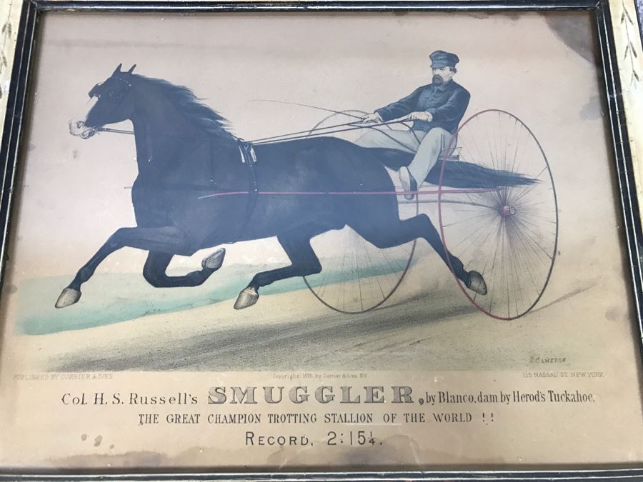Antique Currier & Ives Lithograph 'Col. H. S. Russell's Smuggler, by Blanco, dam by Herod's Tuckahoe.' Hand Colored In Antique Frame Copyright 1876 Harness Racing J. Cameron [Photo 1]