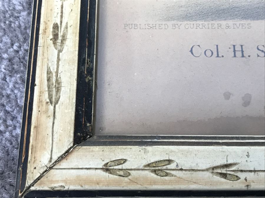 Antique Currier & Ives Lithograph 'Col. H. S. Russell's Smuggler, by Blanco, dam by Herod's Tuckahoe.' Hand Colored In Antique Frame Copyright 1876 Harness Racing J. Cameron [Photo 14]