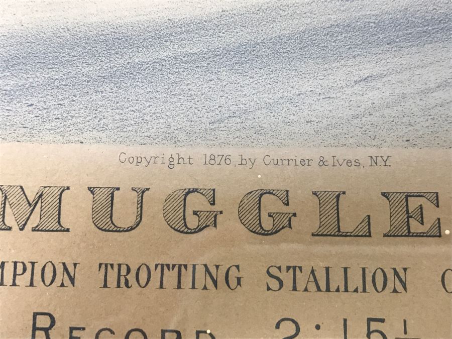 Antique Currier & Ives Lithograph 'Col. H. S. Russell's Smuggler, by Blanco, dam by Herod's Tuckahoe.' Hand Colored In Antique Frame Copyright 1876 Harness Racing J. Cameron [Photo 10]