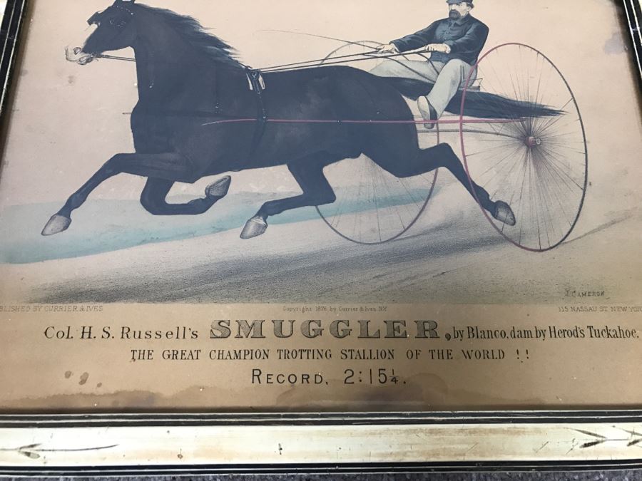 Antique Currier & Ives Lithograph 'Col. H. S. Russell's Smuggler, by Blanco, dam by Herod's Tuckahoe.' Hand Colored In Antique Frame Copyright 1876 Harness Racing J. Cameron [Photo 8]