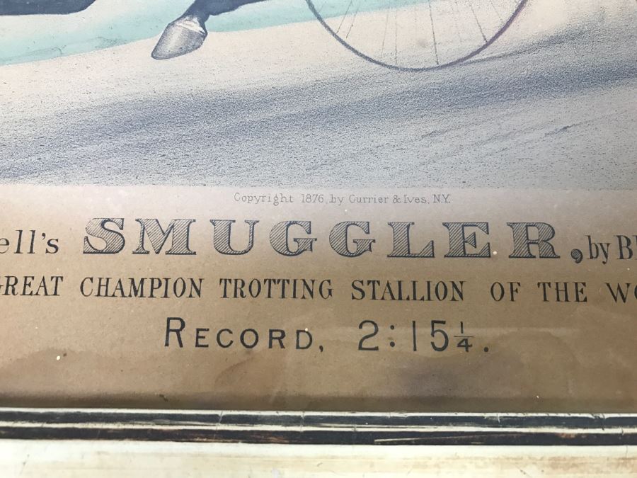 Antique Currier & Ives Lithograph 'Col. H. S. Russell's Smuggler, by Blanco, dam by Herod's Tuckahoe.' Hand Colored In Antique Frame Copyright 1876 Harness Racing J. Cameron [Photo 9]