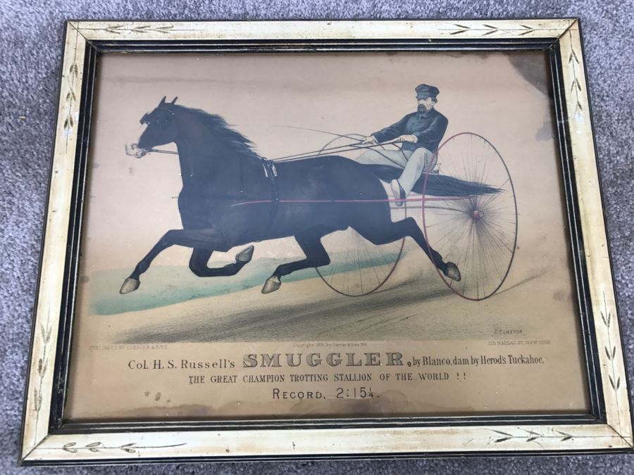 Antique Currier & Ives Lithograph 'Col. H. S. Russell's Smuggler, by Blanco, dam by Herod's Tuckahoe.' Hand Colored In Antique Frame Copyright 1876 Harness Racing J. Cameron [Photo 2]