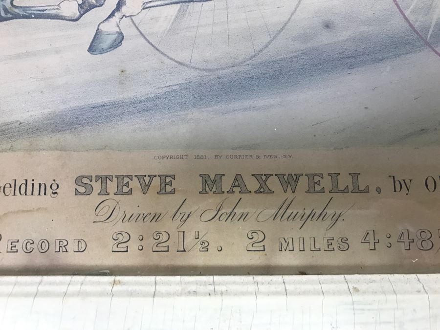 Antique Currier & Ives Lithograph 'Trotting Gelding Steve Maxwell, by Ole Bull, Jr. Driven By John Murphy' Hand Colored In Antique Frame Copyright 1881 Harness Racing Scott Leighton [Photo 10]