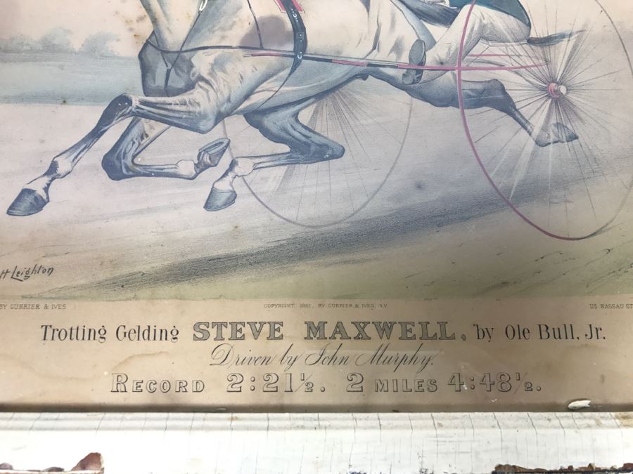 Antique Currier & Ives Lithograph 'Trotting Gelding Steve Maxwell, by Ole Bull, Jr. Driven By John Murphy' Hand Colored In Antique Frame Copyright 1881 Harness Racing Scott Leighton [Photo 9]