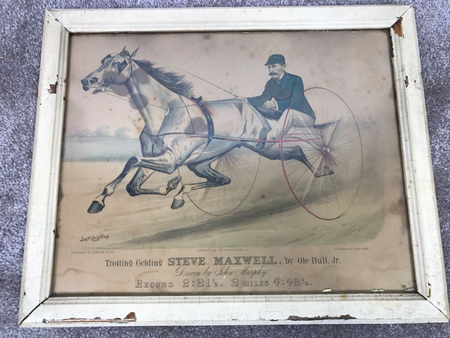 Antique Currier & Ives Lithograph 'Trotting Gelding Steve Maxwell, by Ole Bull, Jr. Driven By John Murphy' Hand Colored In Antique Frame Copyright 1881 Harness Racing Scott Leighton [Photo 2]