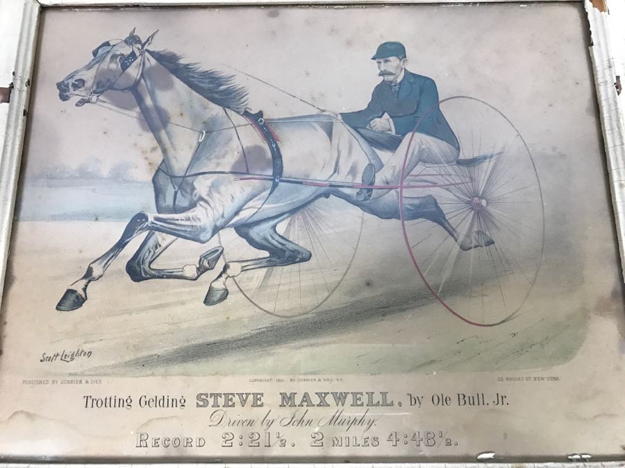 Antique Currier & Ives Lithograph 'Trotting Gelding Steve Maxwell, by Ole Bull, Jr. Driven By John Murphy' Hand Colored In Antique Frame Copyright 1881 Harness Racing Scott Leighton