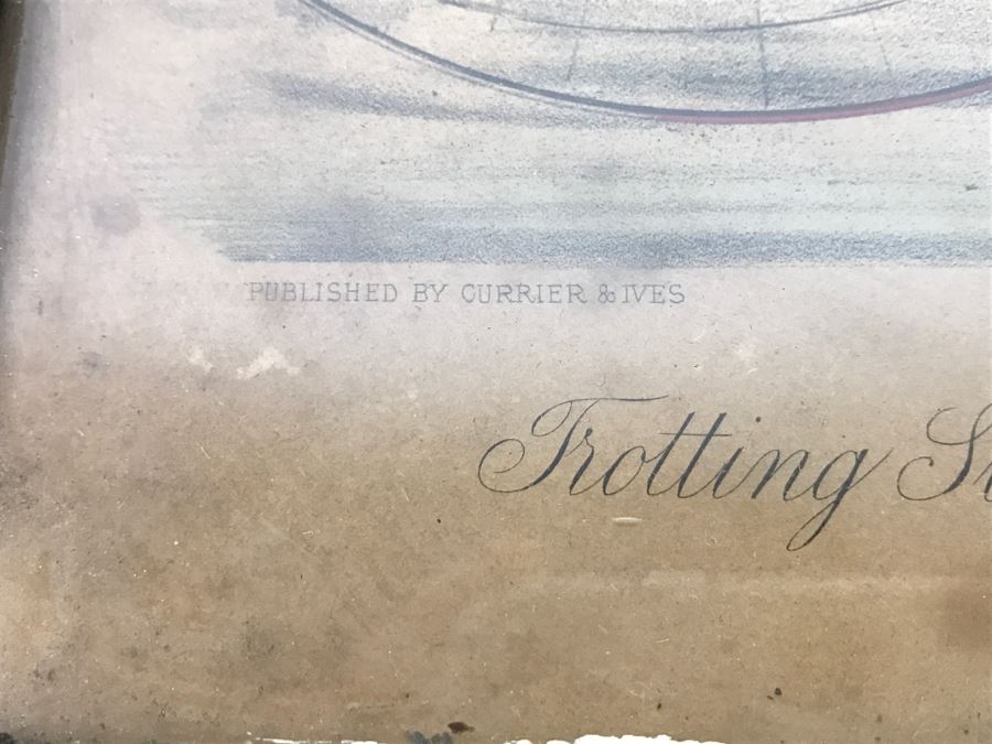 Antique Currier & Ives Lithograph 'Trotting Stallion Santa Claus, By Strathmore Record 2:17 1/2' Hand Colored In Antique Frame Copyright 1881 Harness Racing [Photo 11]