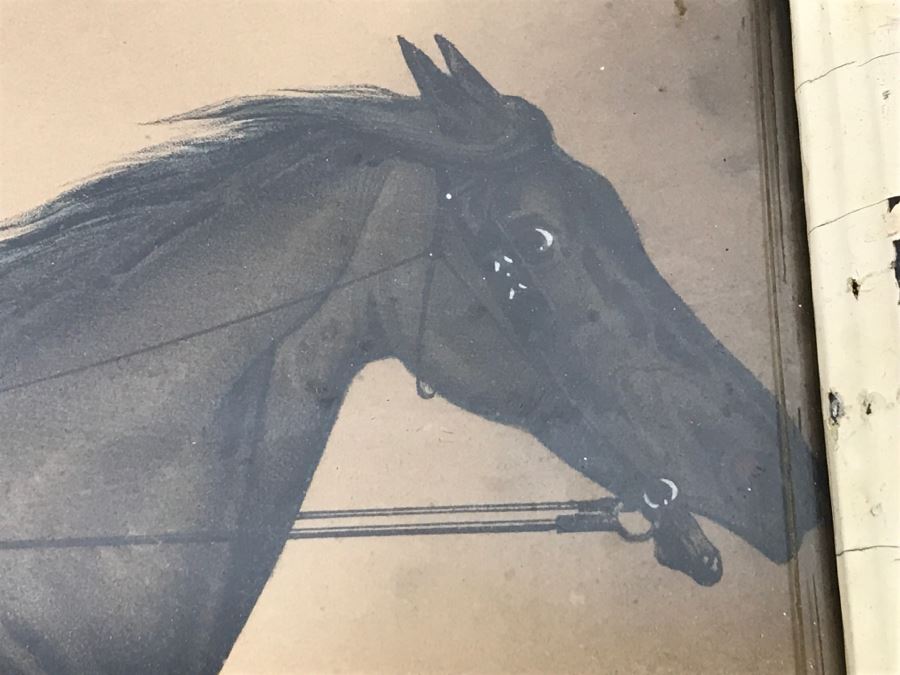 Antique Currier & Ives Lithograph 'Trotting Stallion Santa Claus, By Strathmore Record 2:17 1/2' Hand Colored In Antique Frame Copyright 1881 Harness Racing [Photo 6]