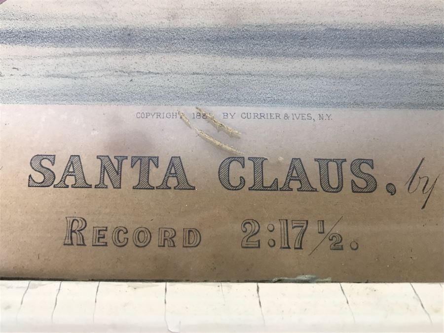 Antique Currier & Ives Lithograph 'Trotting Stallion Santa Claus, By Strathmore Record 2:17 1/2' Hand Colored In Antique Frame Copyright 1881 Harness Racing [Photo 7]