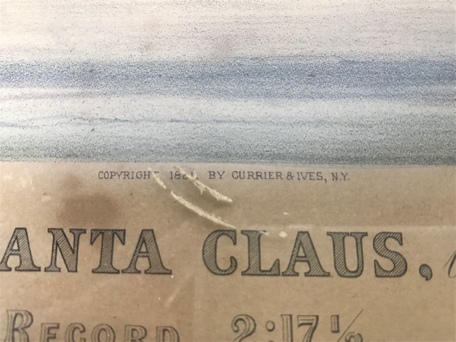 Antique Currier & Ives Lithograph 'Trotting Stallion Santa Claus, By Strathmore Record 2:17 1/2' Hand Colored In Antique Frame Copyright 1881 Harness Racing [Photo 8]