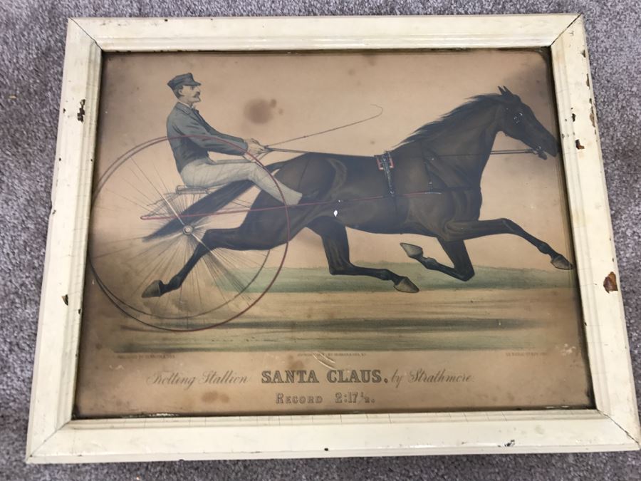 Antique Currier & Ives Lithograph 'Trotting Stallion Santa Claus, By Strathmore Record 2:17 1/2' Hand Colored In Antique Frame Copyright 1881 Harness Racing [Photo 2]