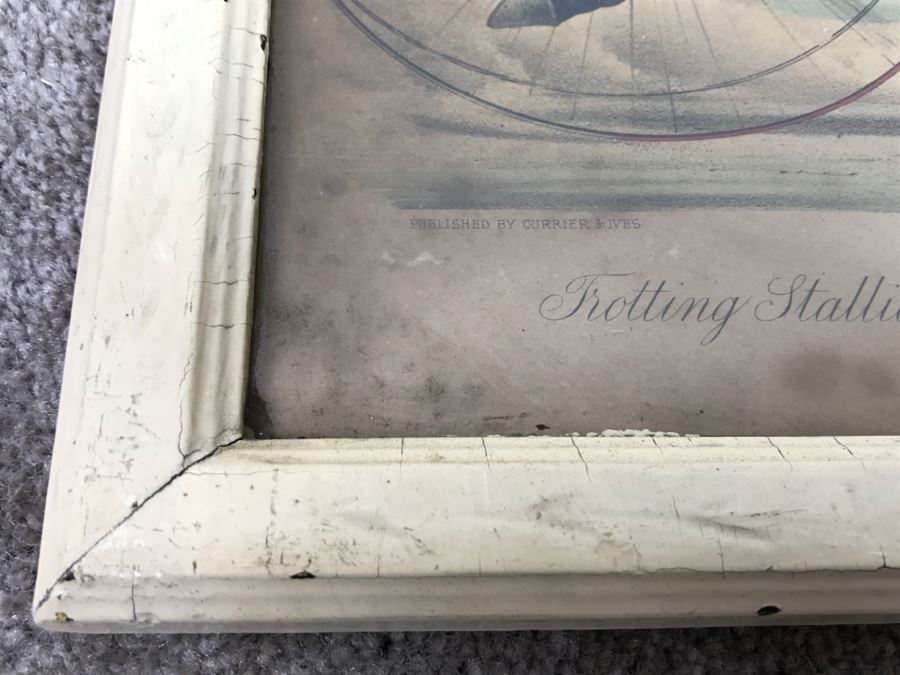 Antique Currier & Ives Lithograph 'Trotting Stallion Santa Claus, By Strathmore Record 2:17 1/2' Hand Colored In Antique Frame Copyright 1881 Harness Racing [Photo 13]