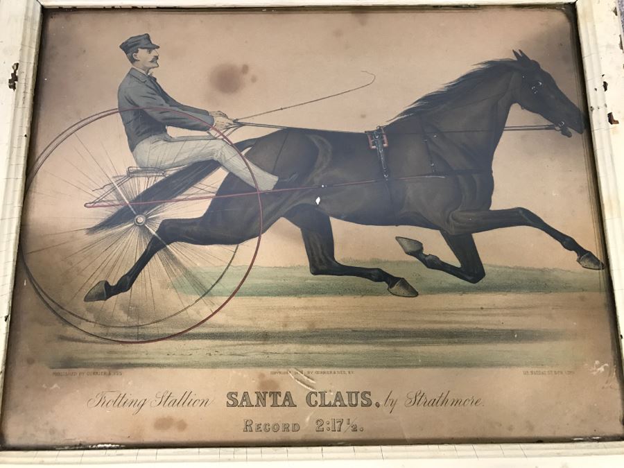 Antique Currier & Ives Lithograph 'Trotting Stallion Santa Claus, By Strathmore Record 2:17 1/2' Hand Colored In Antique Frame Copyright 1881 Harness Racing [Photo 1]