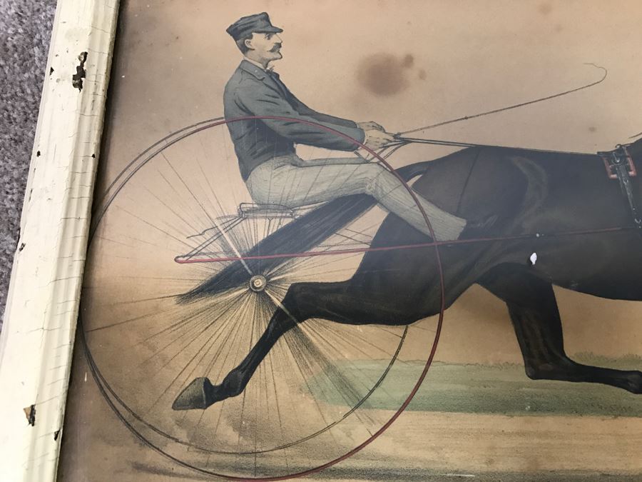 Antique Currier & Ives Lithograph 'Trotting Stallion Santa Claus, By Strathmore Record 2:17 1/2' Hand Colored In Antique Frame Copyright 1881 Harness Racing [Photo 3]