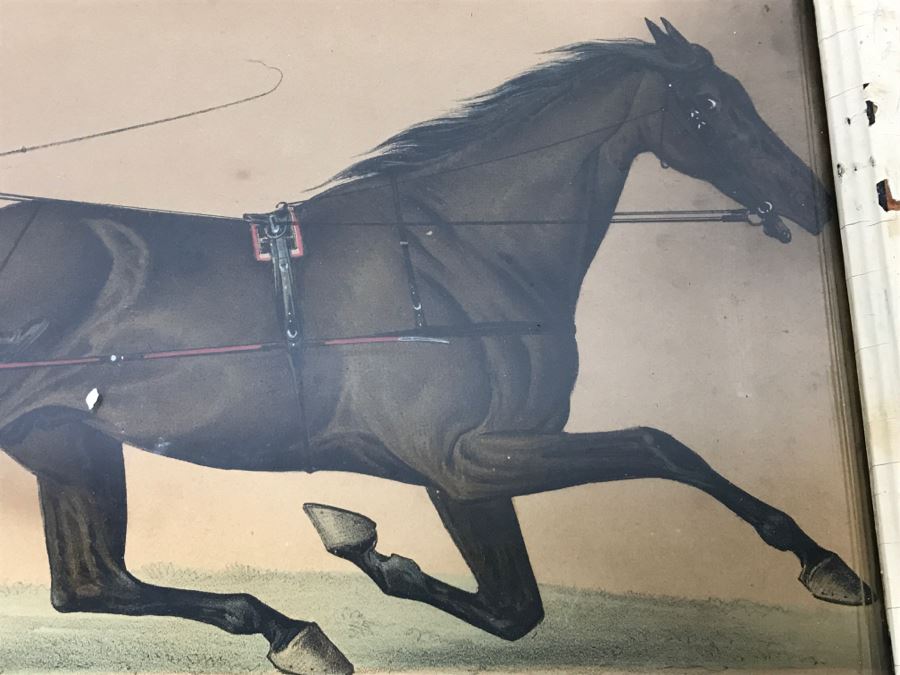 Antique Currier & Ives Lithograph 'Trotting Stallion Santa Claus, By Strathmore Record 2:17 1/2' Hand Colored In Antique Frame Copyright 1881 Harness Racing [Photo 5]