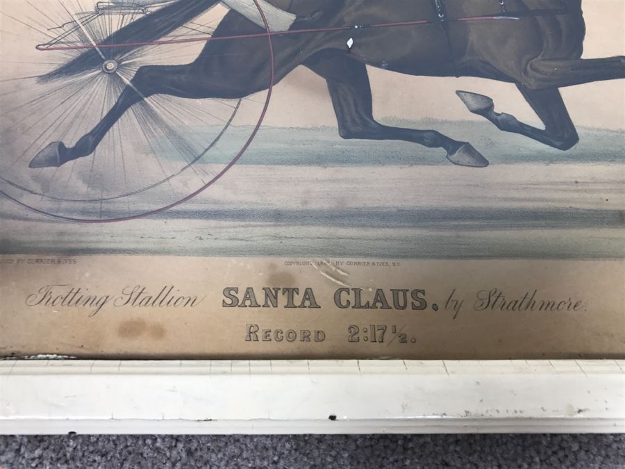 Antique Currier & Ives Lithograph 'Trotting Stallion Santa Claus, By Strathmore Record 2:17 1/2' Hand Colored In Antique Frame Copyright 1881 Harness Racing [Photo 15]